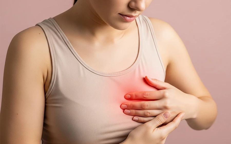 Woman holding breast due to lump discomfort early symptom