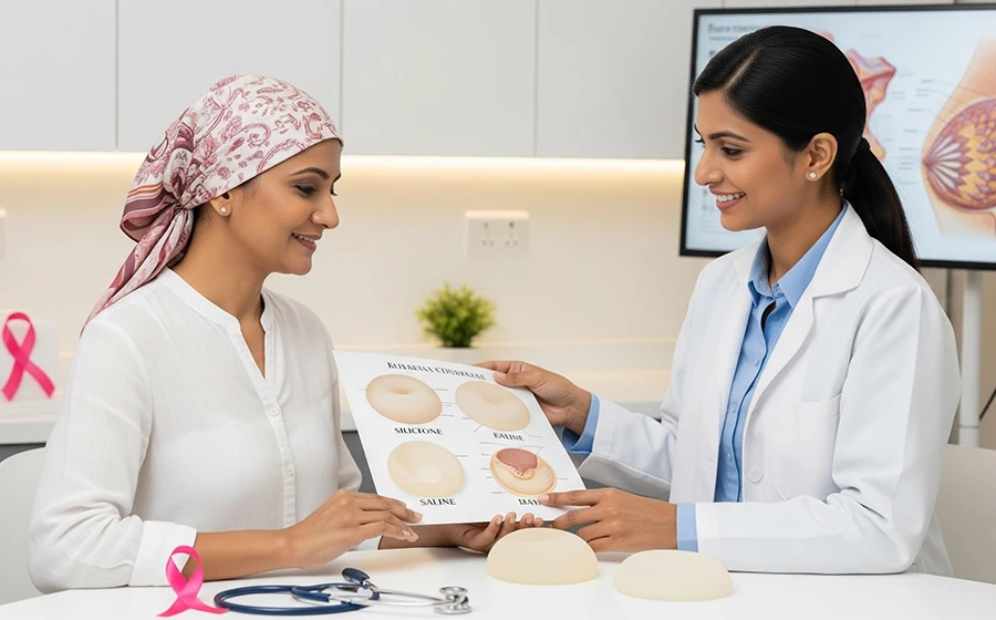 Female doctor explaining breast implant options to a breast cancer survivor during breast reconstruction consultation in India