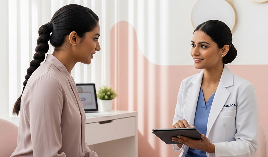 Doctor consulting patient about fat transfer breast augmentation in Bangalore