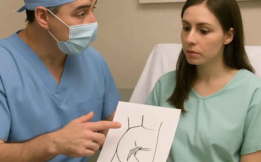 Plastic surgeon explaining breast augmentation procedure to a female patient during consultation in Bangalore