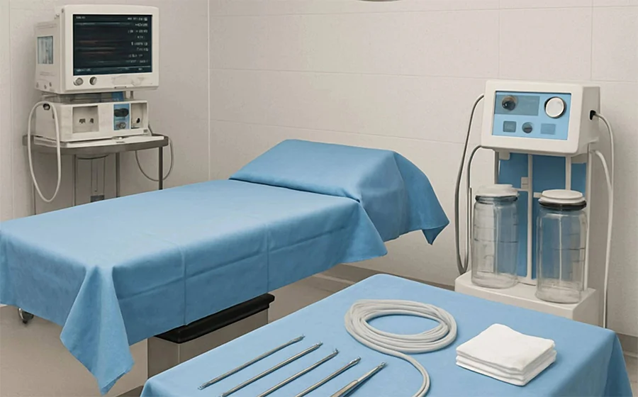 Thigh liposuction surgery procedure room in Bangalore with surgical instruments