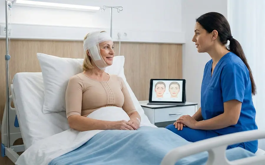 Female patient recovering after facelift surgery while consulting with a nurse in a hospital room.