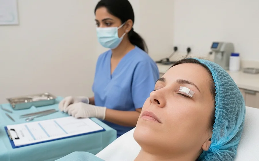 Eyelid Surgery Recovery: 12 Expert Tips to Heal Faster & Look Your Best 3 Patient undergoing eyelid surgery procedure at a cosmetic clinic with surgeon preparing for treatment