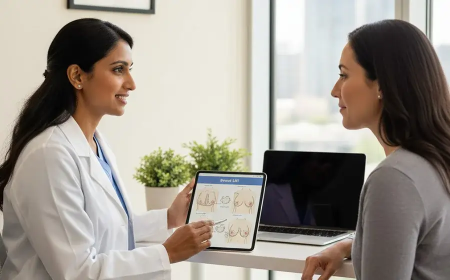 Woman consulting a plastic surgeon about breast lift recovery, bras, and exercise timelines in Bangalore