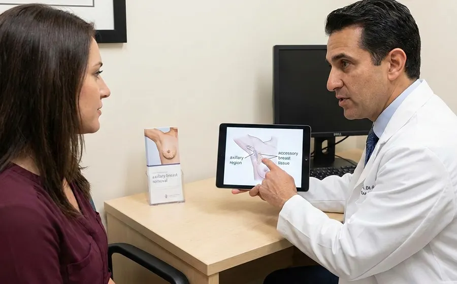 Doctor explaining axillary breast tissue removal surgery and recovery process to a patient