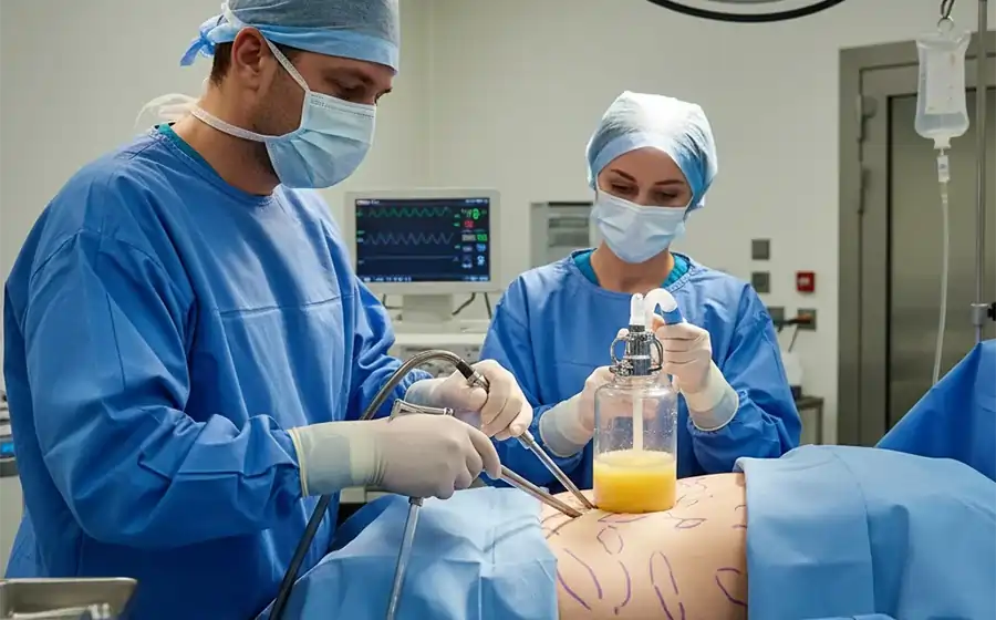 Surgeons performing a liposuction fat removal procedure in an operating room