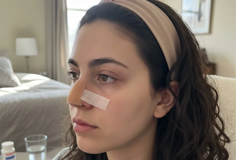 Woman in early rhinoplasty recovery with nasal tapes showing swelling after nose surgery in Bangalore