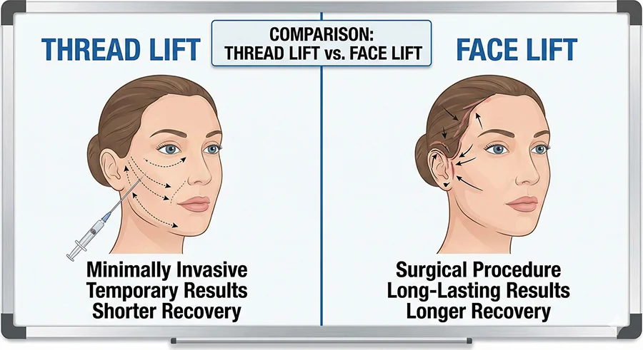 Illustration comparing Thread Lift and Face Lift, showing minimally invasive thread lift versus surgical facelift with differences in recovery and results.
