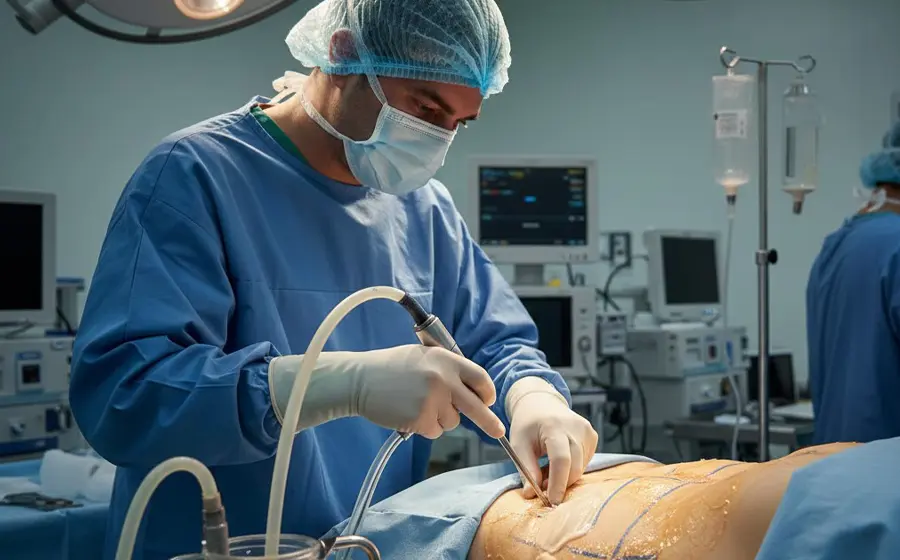 Liposuction procedure being performed on abdomen after C-section for post pregnancy body contouring