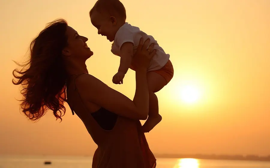 New mother holding baby after pregnancy representing liposuction vs mommy makeover after C-section