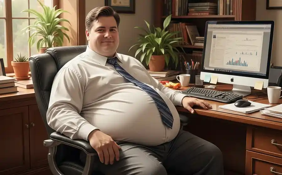 Overweight office professional sitting at desk with belly fat, illustrating how prolonged sitting and stress contribute to abdominal fat.