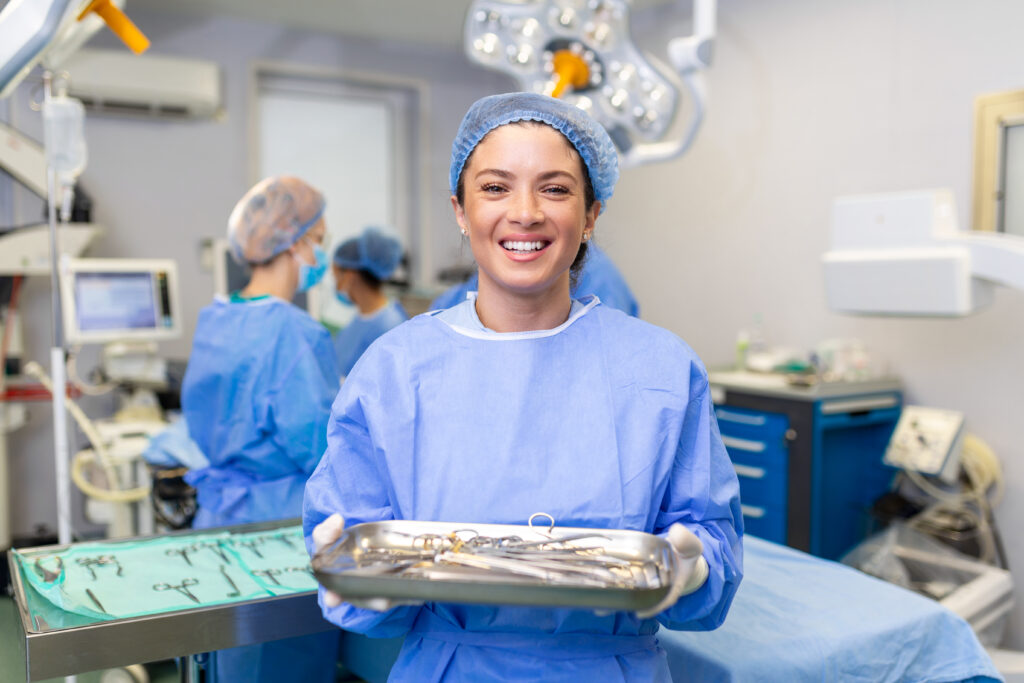 portrait surgeon standing operating room ready work patient female medical worker surgical uniform operation theater